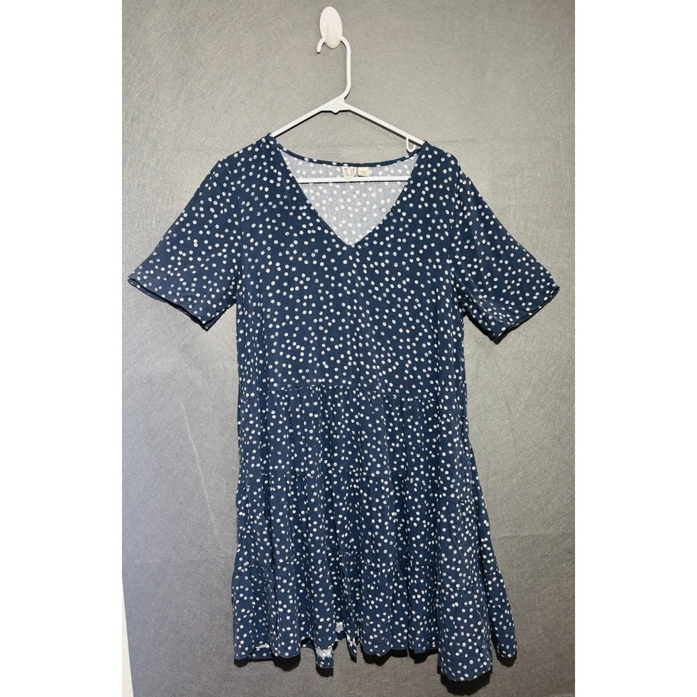 Roxy Dress Women's L Blue and White Polka Dots Boho Tank  Short Sleeve V-Neck